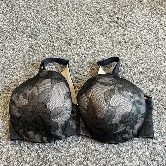 Cacique Lightly Lined Balconette Bra Tan Black Lace Overlay Underwire 38F New - Picture 1 of 5